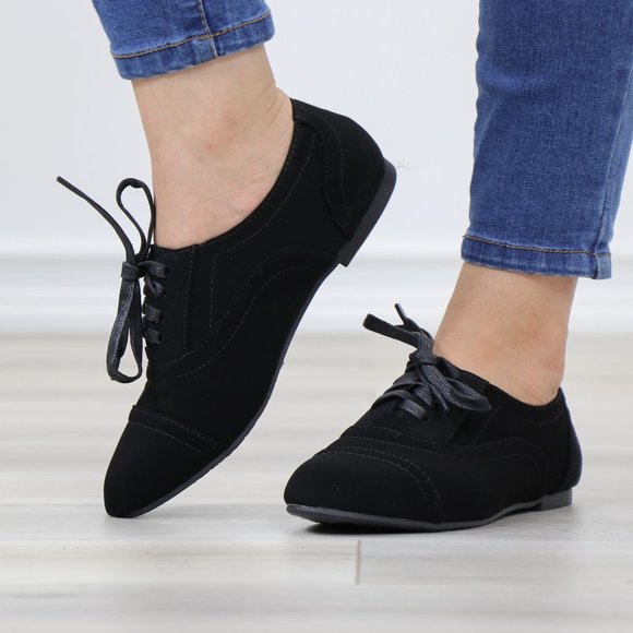 Shoes - Black Faux Nubuck Lace up Flat Heel Oxford Style Shoes